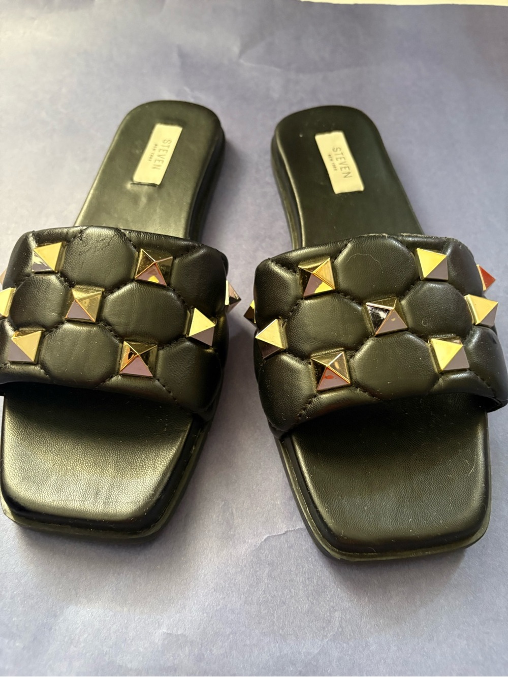 Steven Quilted Black Slide Sandals with Gold Pyramid Studs